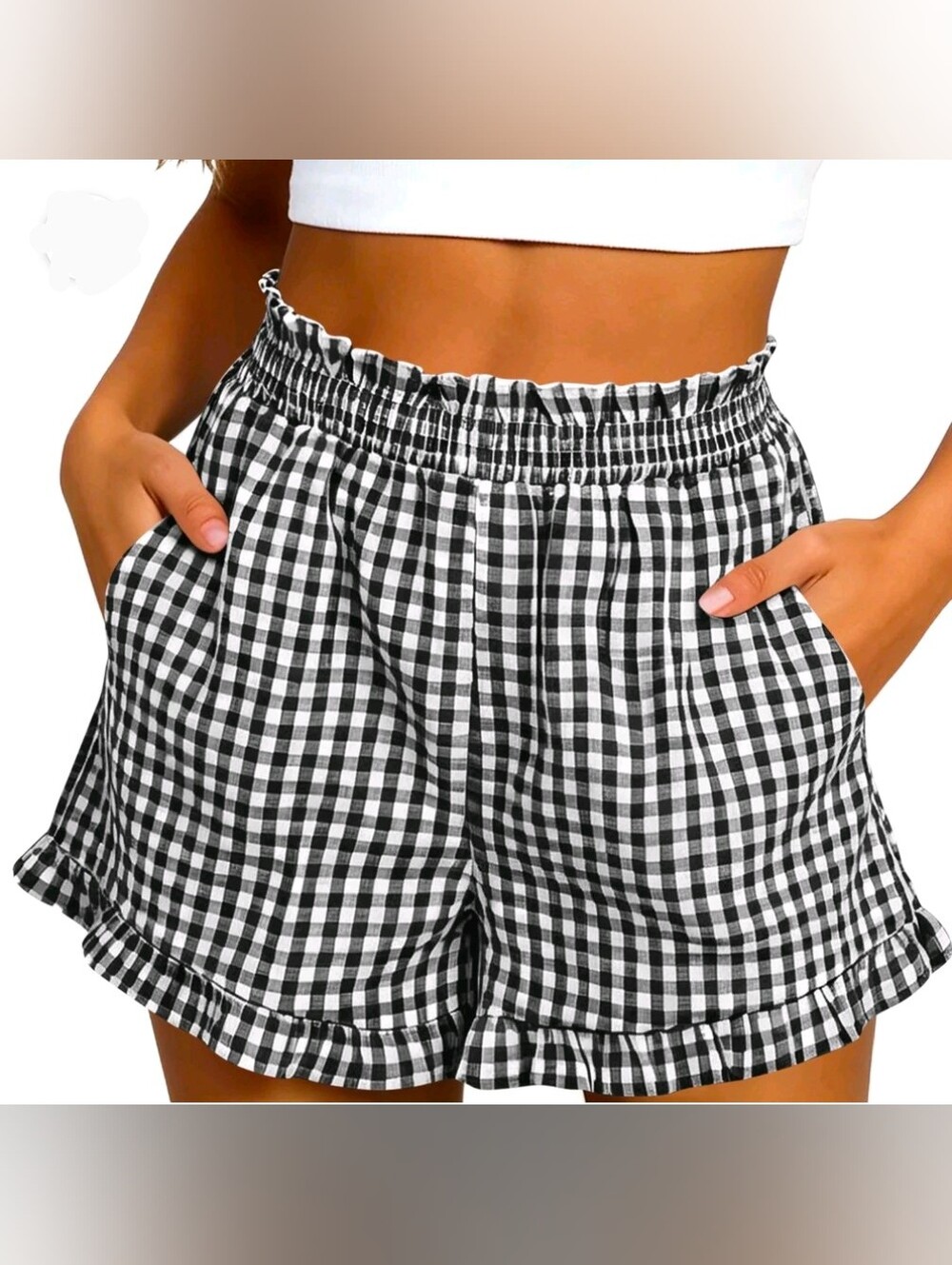 XL Women's Gingham Shorts High Waisted Smocked Waist Ruffle Hem- New Never Worn